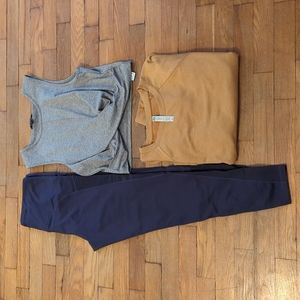 Work out bundle - purple leggings, mustard sweatshirt and twisted crop top